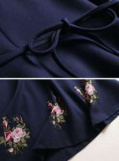 Navy Embroidery Three-quarter Sleeve Skater Dress