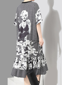 Casual Grid Print Pleated Shift Dress