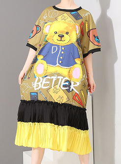Little Bear Print Splicing Pleated Dress