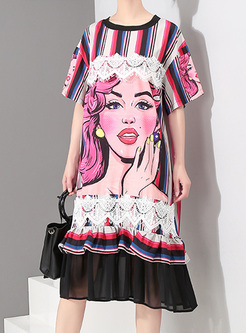 Street Fashionable Lace Falbala Print Dress