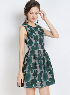 Trendy Print Zippered Waisted A Line Dress