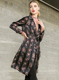 Fashionable Print Notched Trench Coat