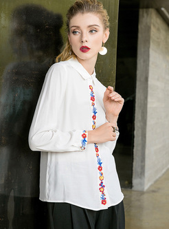 Ethnic Embroidered Turn Down Collar Blouse