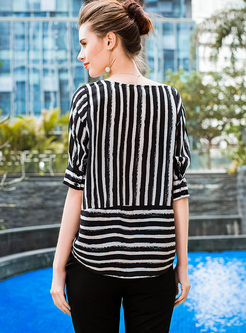 Fashionable Splicing Striped Tied T-shirt