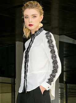 Stylish Stand Collar Lace-Paneled Cardigan Blouse