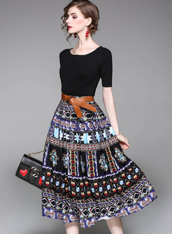 Half Sleeve Knitted Top & Print Skirt