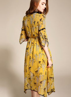 Chic Vintage Chiffon Print Big Hem Dress 