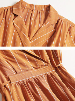 Brief Turn-down Collar Strappy Striped Slit Dress