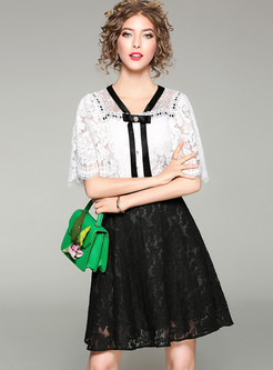 Contrast Color Lace Stitching Skater Dress