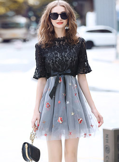 Sequins Lace Flare Sleeve Mesh A-line Dress