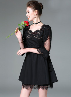 Black Chic Embroidered Lacing A-line Dress