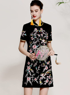 Black Ethnic Embroidered Bodycon Cheongsam Dress