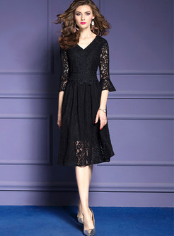 Black Flare Sleeve Lace A-line Dress