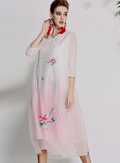 Pink Ethnic Gradient Embroidered Shift Dress