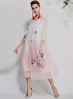 Pink Ethnic Gradient Embroidered Shift Dress