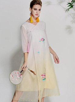 Yellow Gradient Gauze Embroidered Shift Dress
