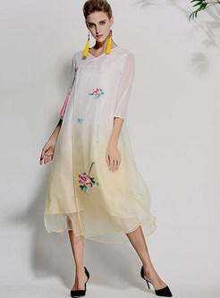 Yellow Gradient Gauze Embroidered Shift Dress