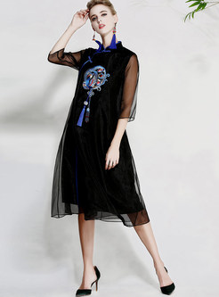 Black Ethnic Embroidered Perspective Shift Dress