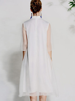 White Vintage Gauze Embroidered Shift Dress