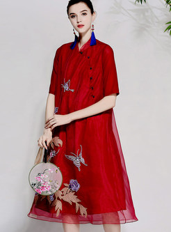 Red Vintage Gauze Embroidery Shift Dress