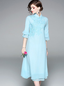 Vintage Solid Color Embroidery Long Shift Dress