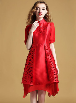 Red Petal Sleeve Hollow Out Dress