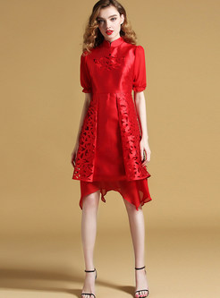 Red Petal Sleeve Hollow Out Dress