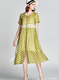 Polka Dot Print Silk Dress With Underskirt