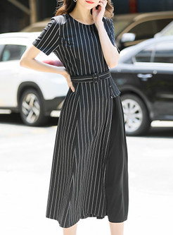 Brief Striped Splicing Waist Midi Dress
