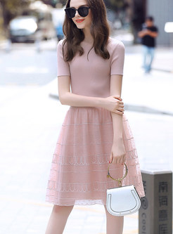 Pink Backless Tied Stitching Embroidery Skater Dress