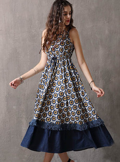 Fashion Print Denim Stitching Tied Dress