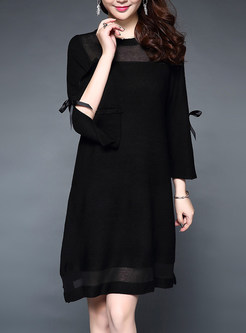 Black Knitted Long Sleeve Bowknot Shift Dress