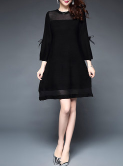 Black Knitted Long Sleeve Bowknot Shift Dress