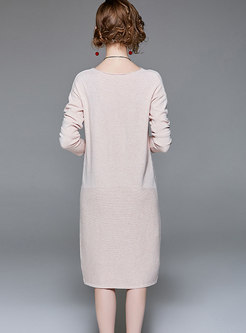 Elegant Long Sleeve Solid Color Knitted Dress