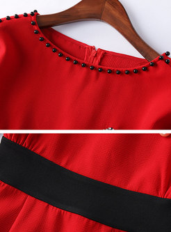 Red O-neck Pullover Waist Sheath Dress