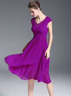 Sleeveless Gauze Splicing Purple Skater Dress