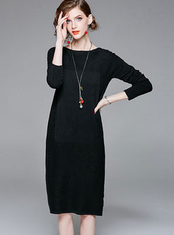 Elegant Long Sleeve Solid Color Knitted Dress