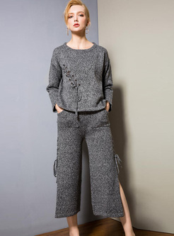 Grey Tied Sweater & Slit Wide Leg Pants