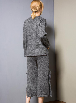 Grey Tied Sweater & Slit Wide Leg Pants