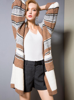 Trendy Long Sleeve Striped Knitted Coat