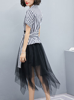 Turn-down Collar Striped Splicing Slim Dress