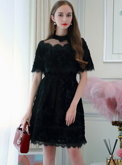 Black Sweet Lace High Waist A Line Dress