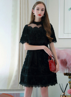 Black Sweet Lace High Waist A Line Dress