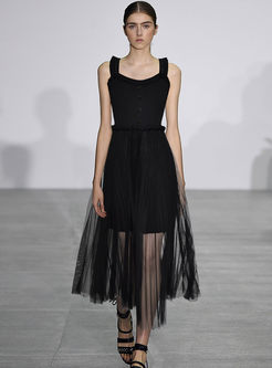 Black Knitting Long Mesh Pleated Slip Dress
