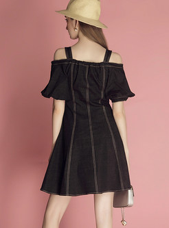 Black Denim Puff Sleeve A Line Slip Dress