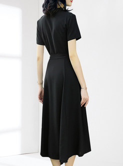 Black V-neck Short Sleeve A Line Dress