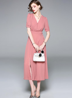 Fashionable Pink V-neck High Waist Maxi Dress