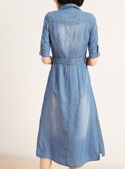 Lapel Half Sleeve Embroidered Denim Dress