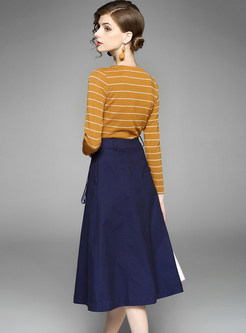 Striped O-neck T-shirt & Single-breasted A-line Skirt