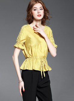 Yellow Tied Short Sleeve Hollow Out Top